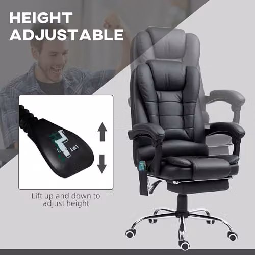 Vinsetto Black PU Leather Executive Office Chair with 6-Point Massage, Back Heat, Footrest and Reclining Function – 6