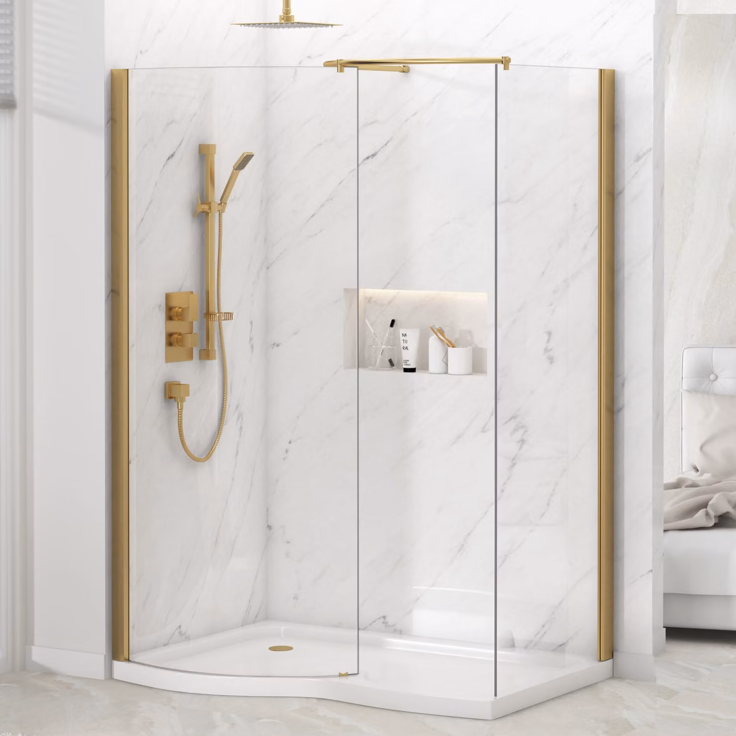 Royal Bathrooms Milan Curved Walk In Shower Enclosure with Tray, 8mm Clear Glass, Brushed Brass Gold, W: 140 cm, D: 90 cm