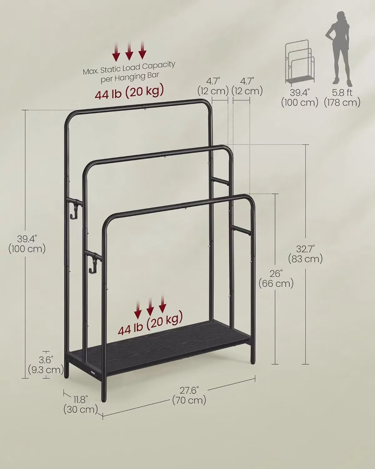 SONGMICS Large Freestanding 3-Bar Towel Rack with 2 Hooks and Storage Shelf in Matt Black – 2