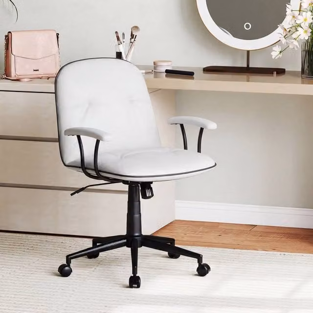 Costway White PU Leather Swivel Home Office Desk and Makeup Vanity Chair – 1