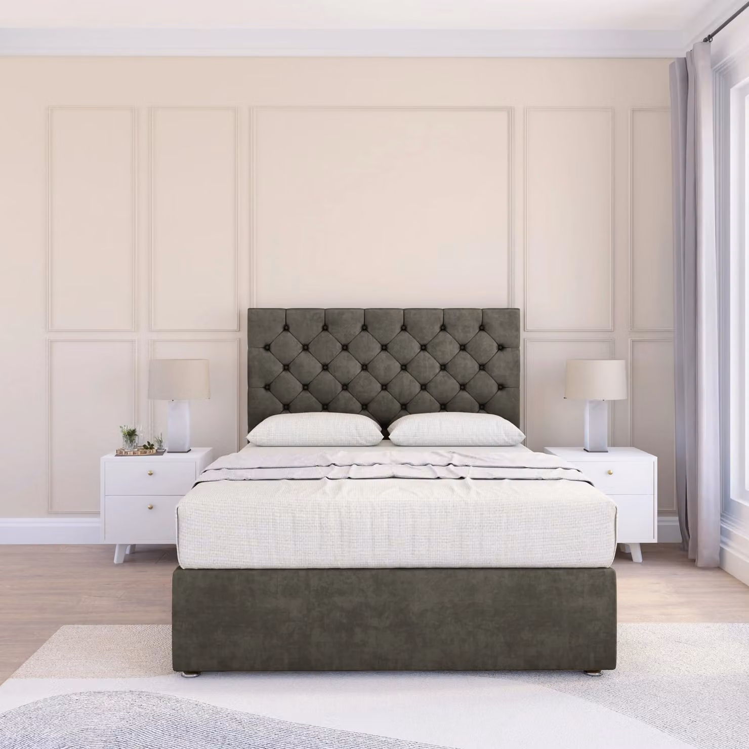 Sloomy Mayfair Chesterfield Divan Bed Base and Floor Standing Headboard in Grey, W/D/H: 140 x 200 cm