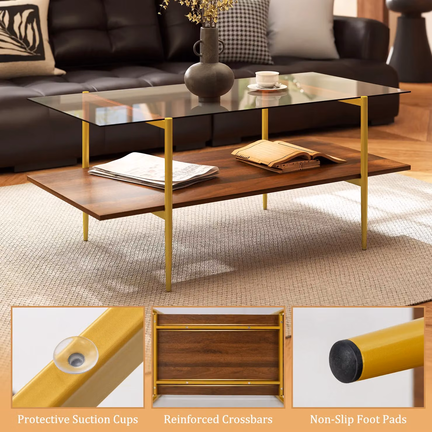 Costway 2-Tier Rectangular Glass Coffee Table with Storage Shelf in Brown and Gold – 4