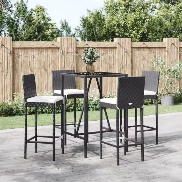 Berkfield Home 5 Piece Garden Bar Set with Cushions in Black Poly Rattan – 1