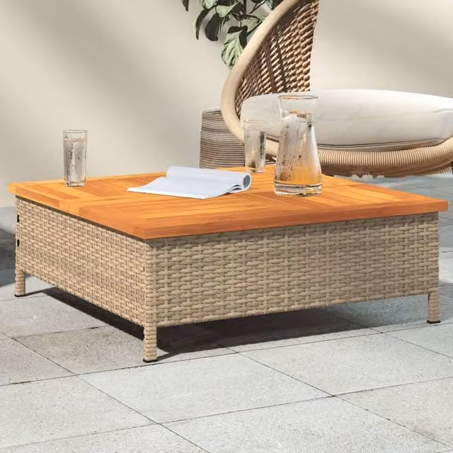 Berkfield Home Beige Rattan and Acacia Wood Garden Table W/D/H: 70 x 70 x 25 cm