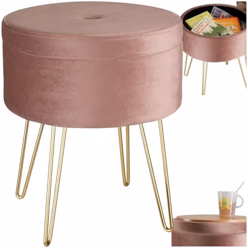 tectake Ava Round Velvet Stool with Storage Compartment in Pink and Gold, W/D/H: 37.5 x 44.5 x 37.5 cm – 1