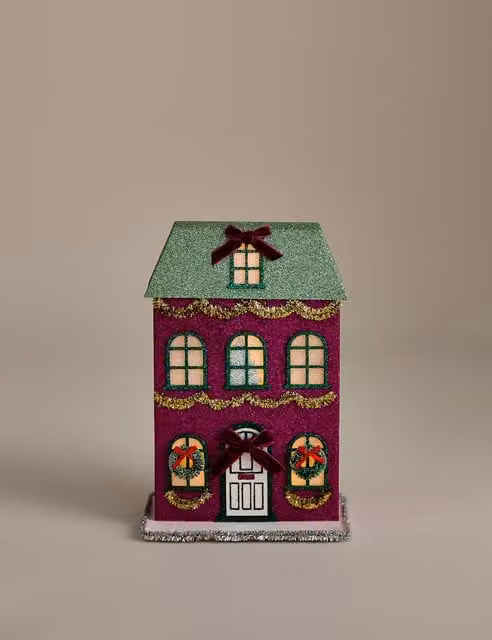 M&S Pink Multicoloured Paper Glitter Light Up Christmas Tabletop House