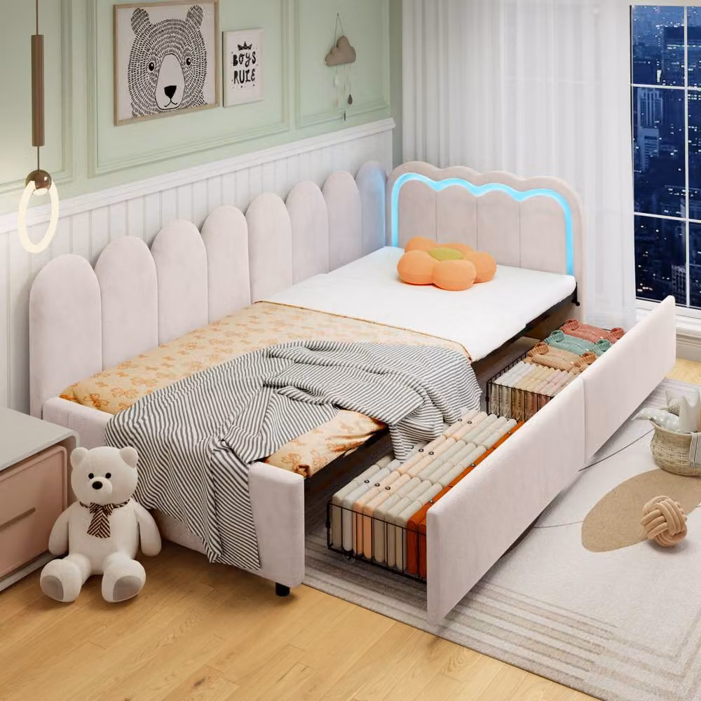 ModernLuxe Single Daybed with LED Under-Bed Lighting and 2 Storage Drawers in Beige Velvet Fabric, W/D/H: 90 x 190 cm – 2