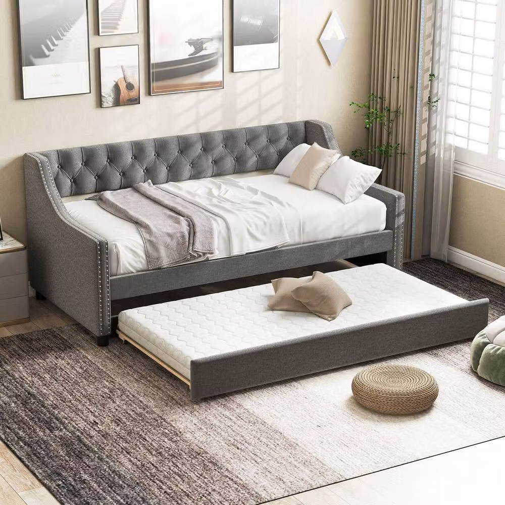 Costway Grey Linen Upholstered Single Size Daybed with Trundle Bed Frame – 8