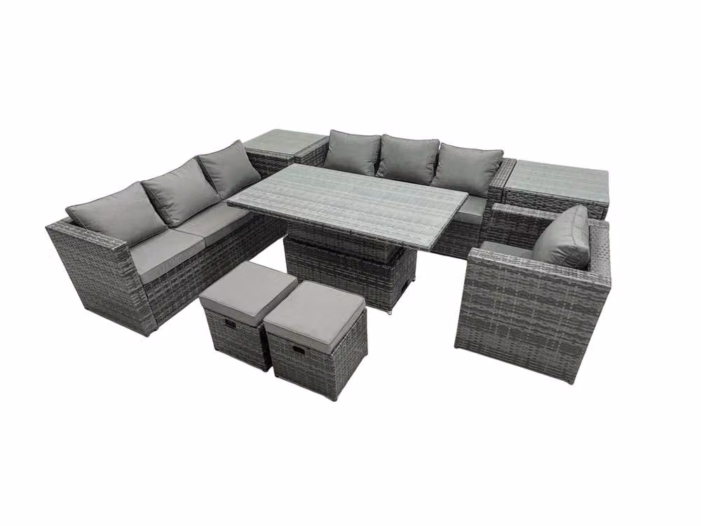 Fimous 9-Seat Rattan Dining Table and Sofa Set with 2 Stools in Dark Grey – 2