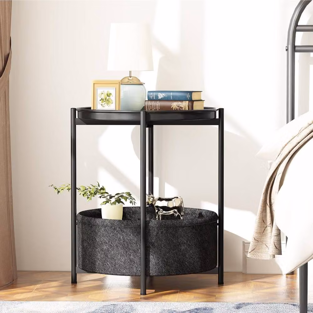 Huhote Round 2-Tier Side Table with Fabric Basket in Black – 3
