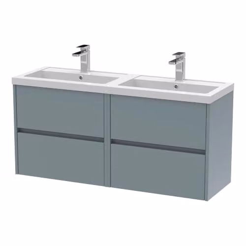 Balterley Wall Hung 4 Drawer Bathroom Vanity Unit with 2 Rectangular Basins in Coastal Grey, W/D/H: 120.5 x 38.5 x 57.9 cm