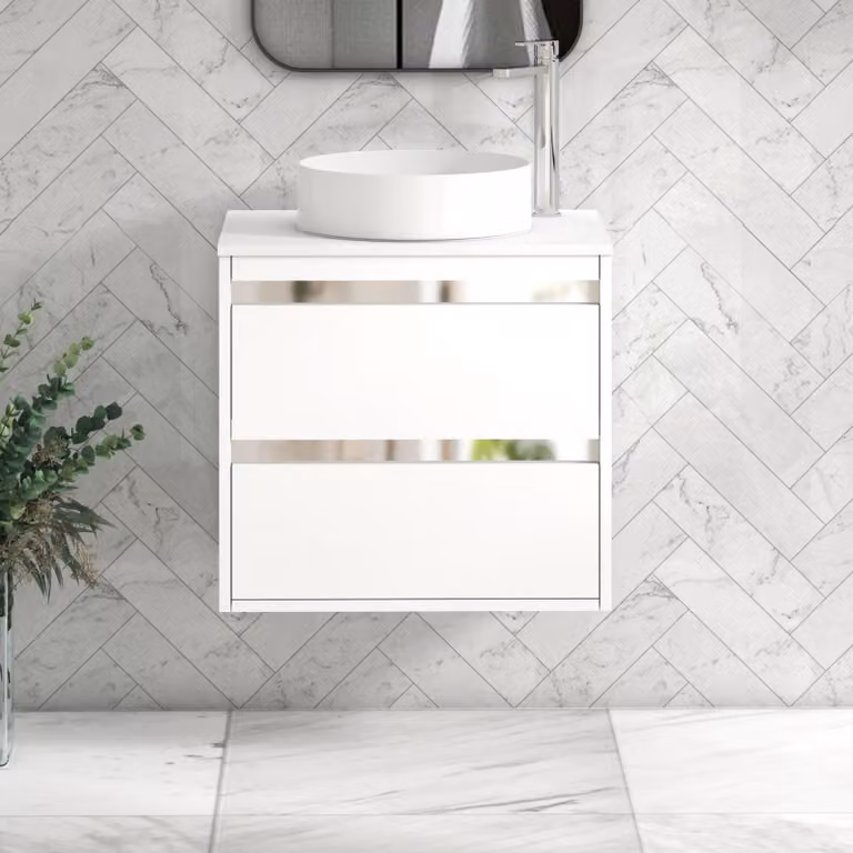 Royal Bathrooms Orion 600mm Matt White Wall Hung 2 Drawer Vanity Unit with Art Basin and Chrome Accent Trim