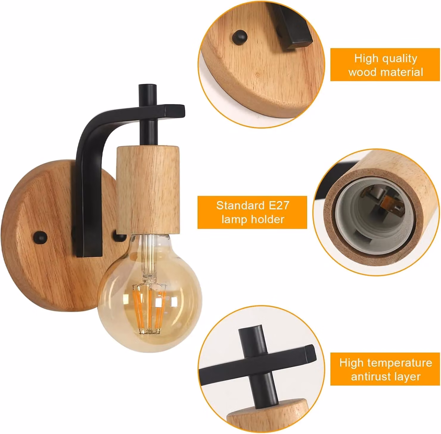 Pheashine Vintage Industrial Metal and Wood Wall Sconces, 2 Pack, Brown, E27 – 4