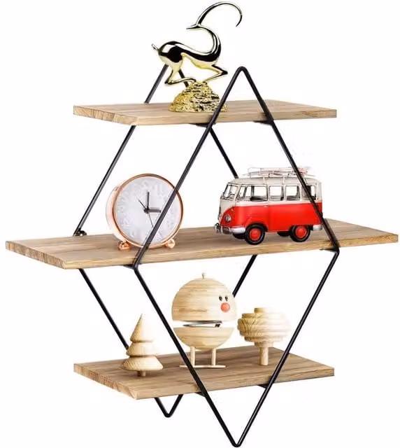 KORVIXA 3 Tier Heavy Duty Diamond Floating Ledge Wall Mounted Shelves in Brown
