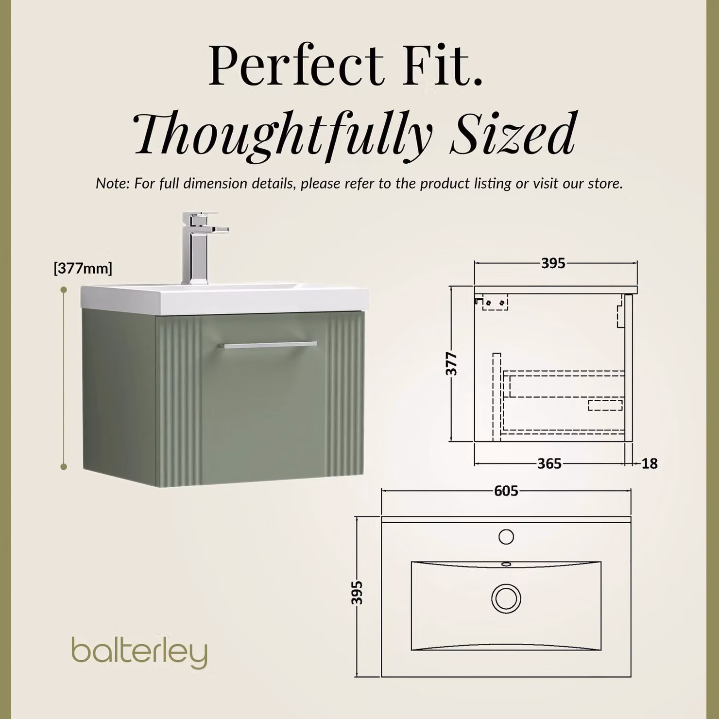 Balterley Wall Hung 1 Drawer Vanity Unit with Thin-Edge Basin, Satin Green, Width: 50 cm – 4