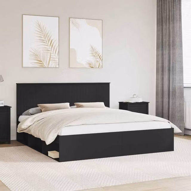 Berkfield Home Modern Bed Frame with Headboard and Bedside Shelf in Black Pine Wood, W/D/H: 180 x 200 cm – 1