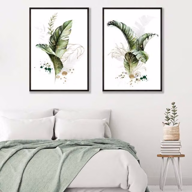 ARTZE Abstract Green Botanical Leaves Set of 2 Modern Floral Art Prints in Black Wood Frames – 1