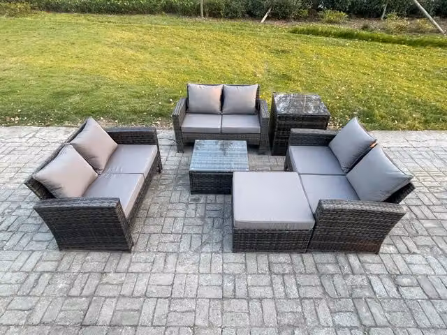Fimous Rattan Wicker Garden Furniture Set in Dark Grey with Double Seat Sofa, Big Footstool and Square Coffee Table