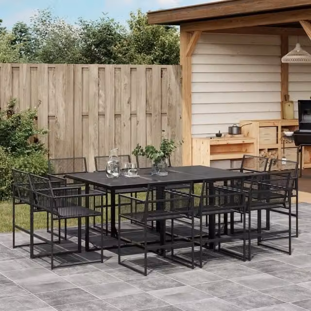 Berkfield Home 11 Piece Black Poly Rattan Garden Dining Set with Glass and Metal Details