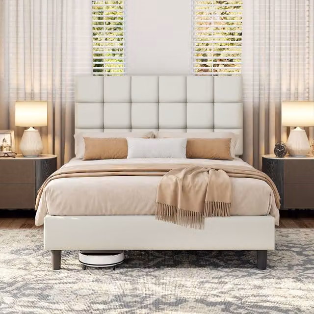 Yaheetech Modern Upholstered PU Leather Platform Bed with Square Tufted Headboard in Beige or White, W/D/H: 140 x 200 cm