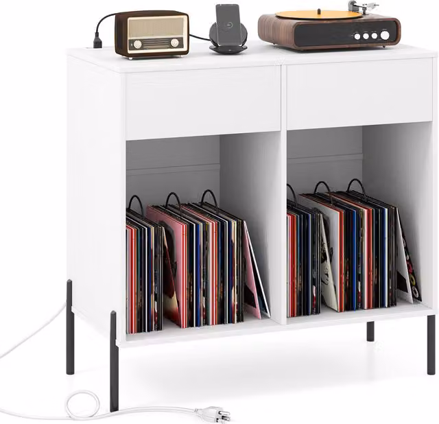COSTWAY Double Wide Modern Turntable Stand in White MDF