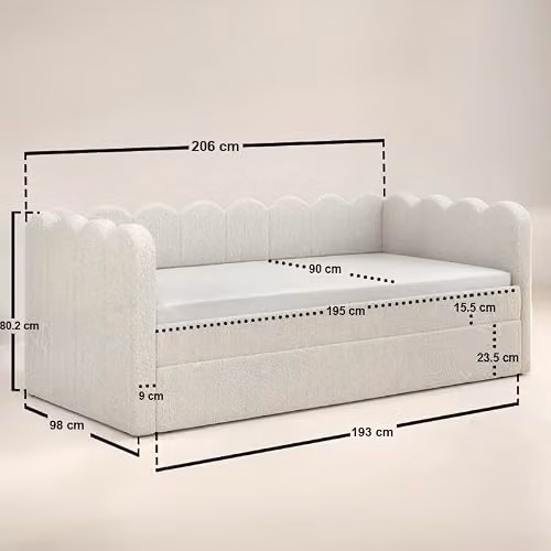 Flair Esme Cloud Day Bed with Trundle in Beige Boucle Fabric, W/D/H: 90 x 200 cm – 2