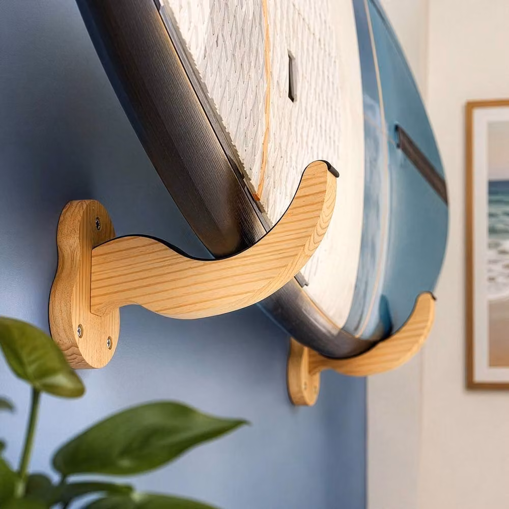 Havendro Brown Wooden Surfboard Wall Mount Rack Set with Shelf – 3