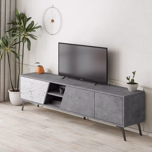 Decortie Modern TV Stand with Storage in Grey and White Marble Effect