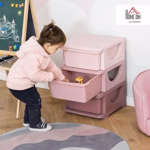 HOMCOM 3 Tier Plastic Kids Storage Unit with 3 Drawers in Pink – 2