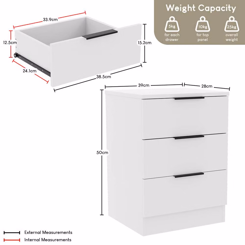HD Designs Trega 3 Drawer Bedside Chest in White – 2