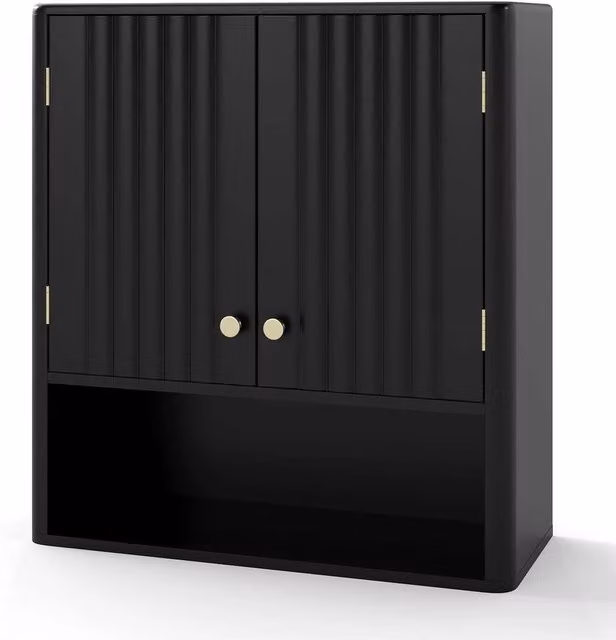 VOGREX Black Matt Wall Mounted Over-Toilet Storage Organizer with Hinged Doors and Internal Shelves – 1