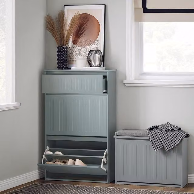 SoBuy Modern Grey Shoe Cabinet with 2 Tilting Compartments and Pull Out Drawer
