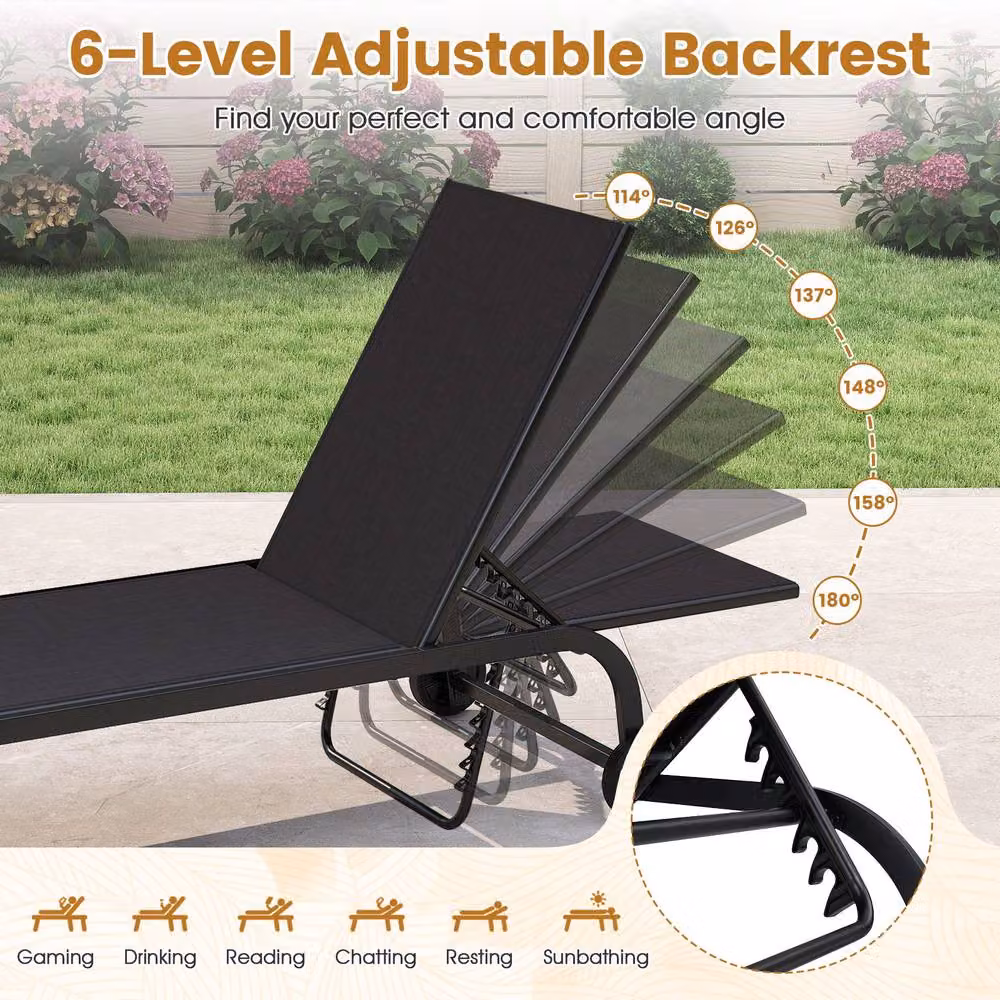 Costway Black 6-Position Reclining Chaise Lounge Chair with Wheels and 180 Degree Full Flat Function – 4
