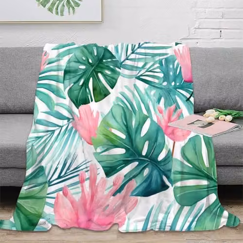 OTBSDNKZZ Tropical Leaves Microfibre Bed Throw, Multicolour Botanical Watercolor Design, W 100 cm x D 130 cm – 1