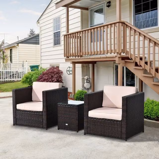 Outsunny 3 Piece Rattan Garden Furniture Set with Upholstered Cushions and Glass Top Coffee Table, Brown