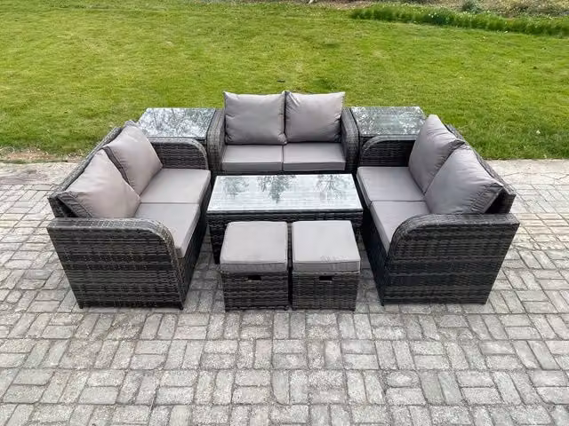 Fimous 8 Piece Grey Polyrattan Garden Furniture Set with Upholstered Cushions, Love Seat Sofa, Coffee Table and 2 Footstools