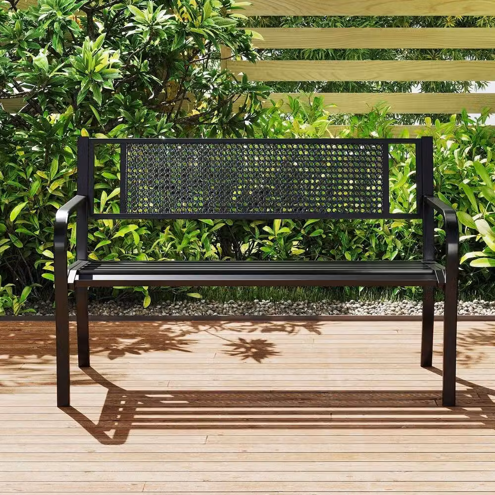 VOGREX Black Modern Geometric Metal Garden Bench, Width: 127 cm – 4