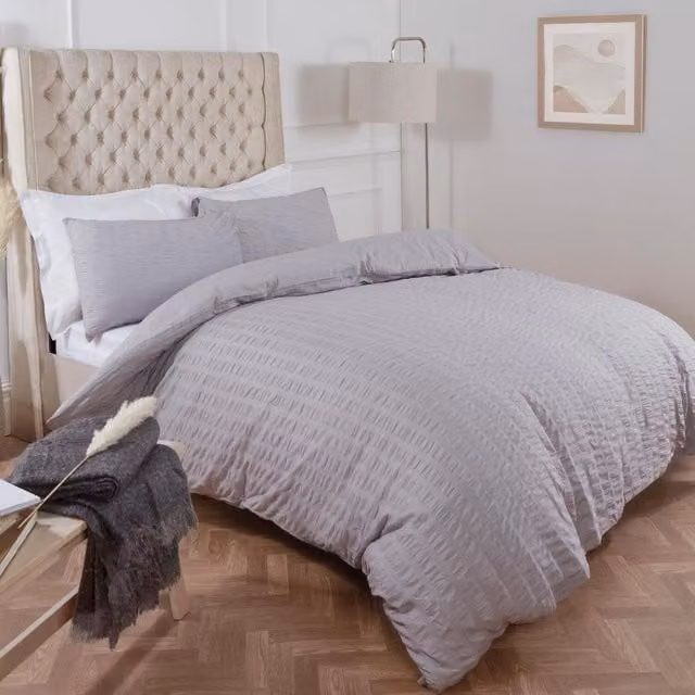 Highams Seersucker Duvet Cover and Pillowcase Bedding Set, Silver, 200 x 200 cm