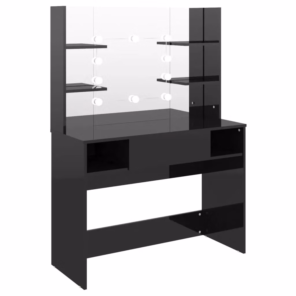Berkfield Home Modern Makeup Table with Hollywood LED Lights in Glossy Black, W/D/H: 100 x 40 x 135 cm – 2