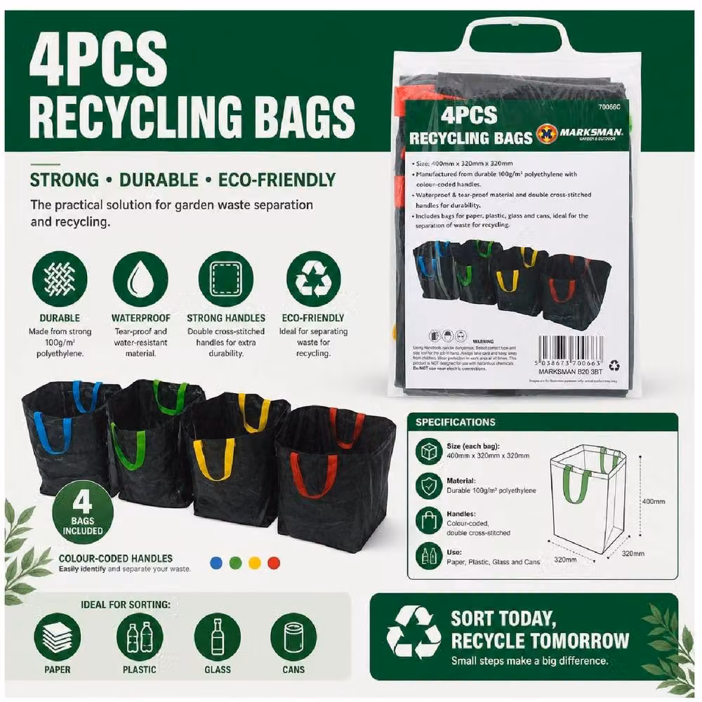 BARGAINS-GALORE 4-Piece Waterproof Heavy Duty Plastic Recycling Garden Waste Bags, Multicolour, W/H: 40 x 32 cm – 3