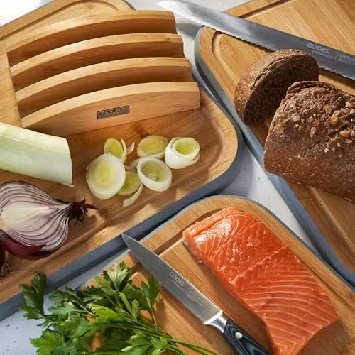 Cooks Professional 3 Piece Bamboo Chopping Board Set with Storage Stand in Grey and Brown – 3