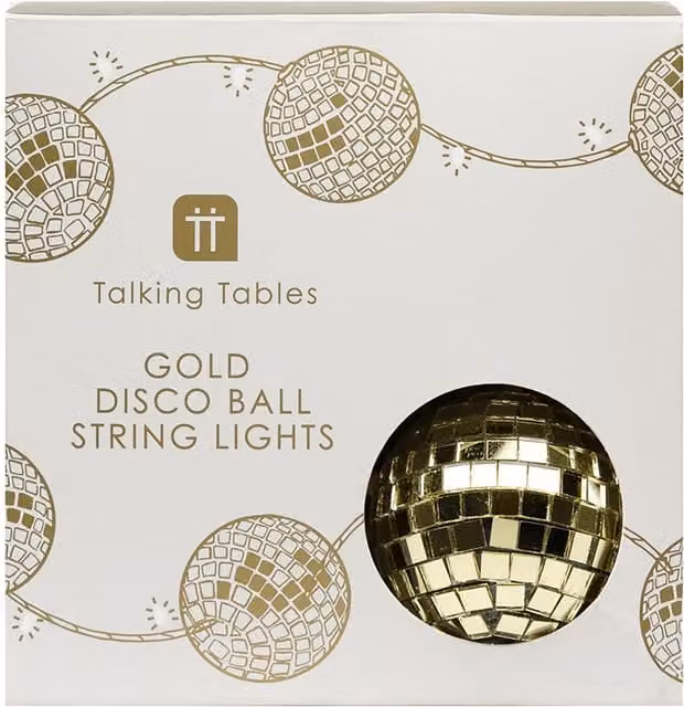 Talking Tables Gold Disco Ball LED String Lights with 10 Warm White Spheres, Length: 1.6 m