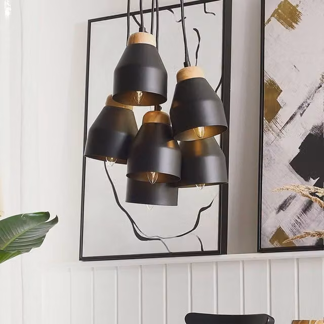 Wyld and Coco Cluster Pendant Lamp in Black Metal and Wood with 6 Integrated LED Lights
