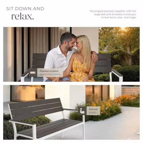tectake Line 2-Seater Garden Bench with Metal Frame, W/D/H: 128 x 59 x 88 cm in Grey – 7