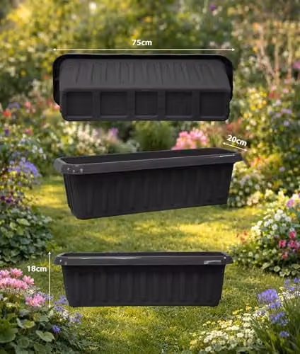 Simpa Plastic Chunky Trough Planter Pots, Black, Set of 2, Length: 75 cm – 3