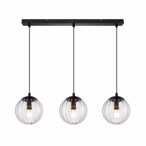 Cosylyte Kingston 3 Light Modern Bar Pendant Light with Clear Ribbed Glass and Matt Black Metal, W: 67 cm, D: 15 cm, H: 100 cm