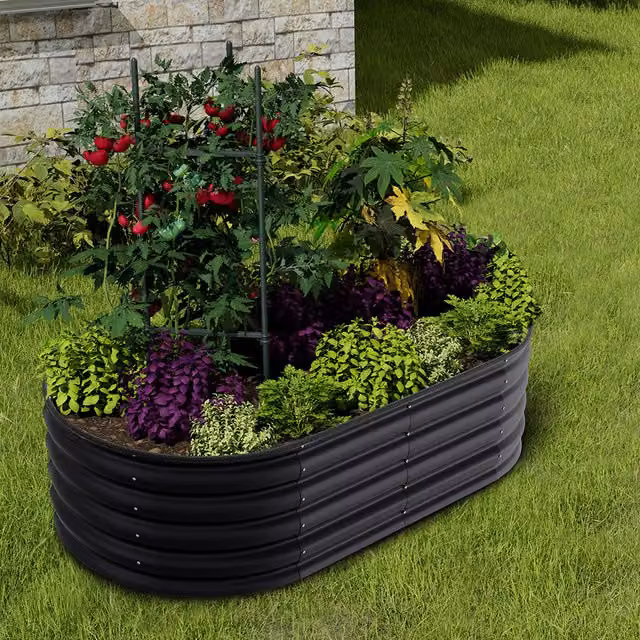 Livingandhome Anthracite Silver Galvanised Steel Oval Raised Garden Bed, 160 cm