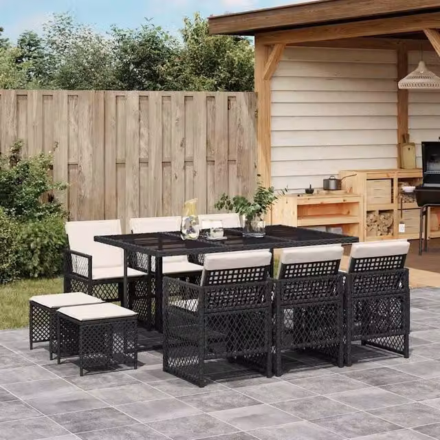 Berkfield Home 11 Piece Black Poly Rattan Garden Dining Set with Cushions – 1