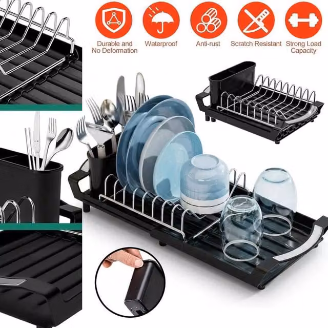 FORGEVIO Black Coated Steel Rectangular Dishware Drying Rack with Drip Tray