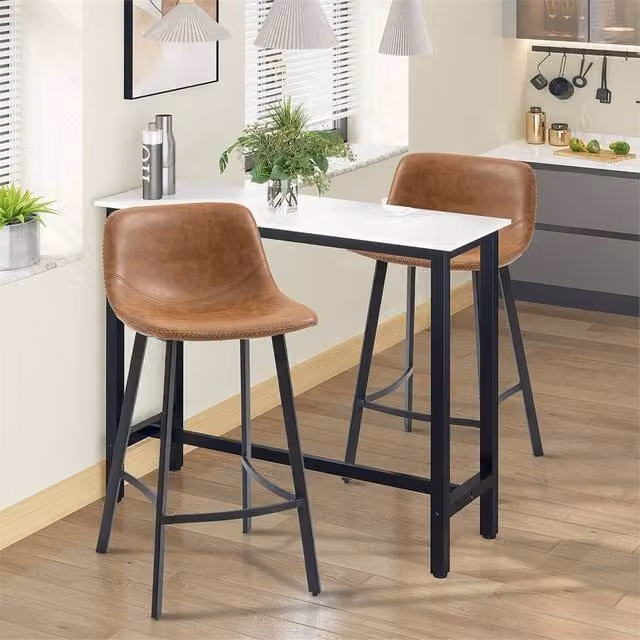 EONLION Set of 2 Brown Faux Leather Bar Stools with Back and Metal Frame, Height: 100 cm